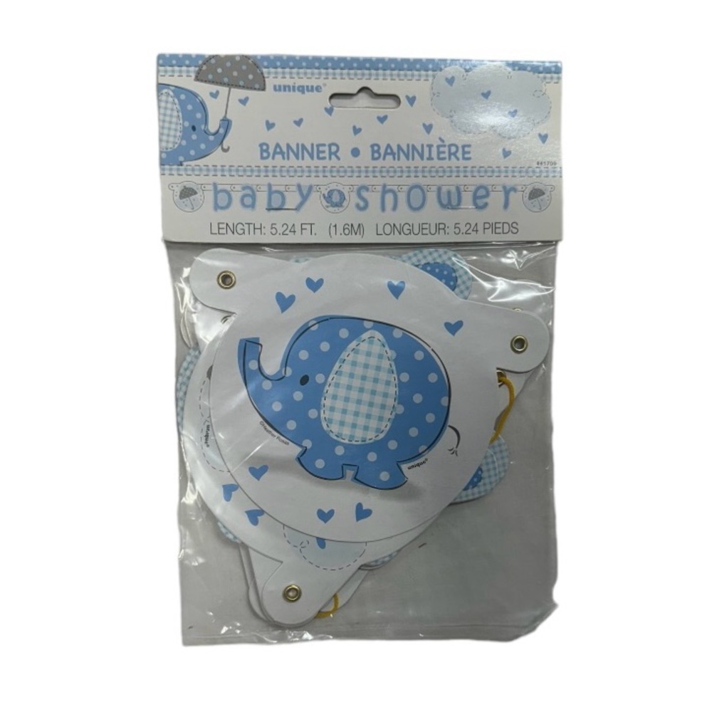 Baby shower banner blue colored with elephant brand new in package never used!